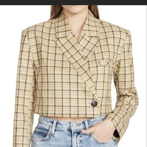 Steve Madden Brown Cream Yellow Plaid Cropped Dbl-Brst Blazer XS